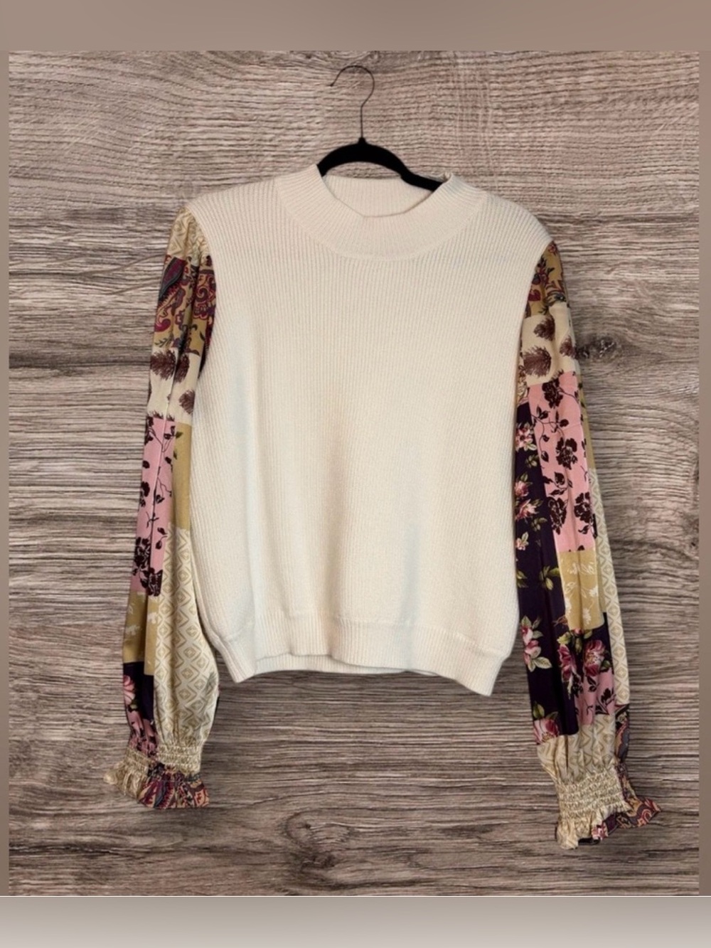 THML Cream Ribbed Sweater with Floral Puff Sleeves (Multi) - Picture 4 of 11